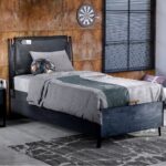 Dark Metal Flat Headboard Bed with Base 120x200cm